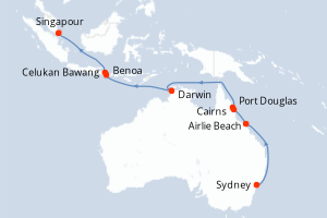 Carte itinéraire croisière Australie, Indonésie, Singapour - 15 jours au départ de Sydney - Asie