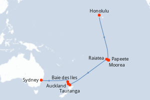 Carte itinéraire croisière États-Unis, France, Nouvelle-Zélande, Australie - 19 jours au départ de Honolulu - Australie Nouvelle Zélande