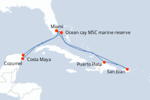 Carte itinéraire croisière États-Unis, République Dominicaine, Porto Rico, Bahamas, Mexique - 13 jours au départ de Miami - Caraïbes Bahamas