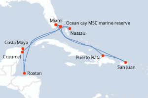 Carte itinéraire croisière États-Unis, République Dominicaine, Porto Rico, Bahamas, Honduras, Mexique - 15 jours au départ de Miami - Caraïbes Bahamas