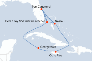 Carte itinéraire croisière États-Unis, Bahamas, Caïmans (Îles), Jamaïque - 10 jours au départ de Port Canaveral - Caraïbes Bahamas