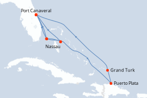 Carte itinéraire croisière États-Unis, Bahamas, République Dominicaine - 11 jours au départ de Port Canaveral - Caraïbes Bahamas