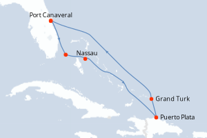 Carte itinéraire croisière États-Unis, Bahamas, République Dominicaine - 7 jours au départ de Port Canaveral - Caraïbes Bahamas
