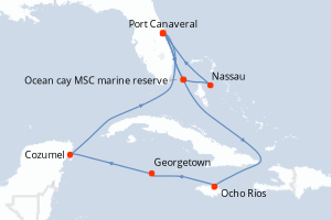 Carte itinéraire croisière États-Unis, Bahamas, Jamaïque, Caïmans (Îles), Mexique - 10 jours au départ de Port Canaveral - Caraïbes Bahamas