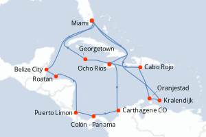Carte itinéraire croisière États-Unis, Jamaïque, Colombie, Panama, Costa Rica, Honduras, Belize, Pays-Bas, Aruba, République Dominicaine, Caïmans (Îles) - 21 jours au départ de Miami - Caraïbes Bahamas