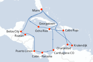 Carte itinéraire croisière États-Unis, Pays-Bas, Aruba, République Dominicaine, Jamaïque, Caïmans (Îles), Colombie, Panama, Costa Rica, Honduras, Belize - 21 jours au départ de Miami - Caraïbes Bahamas