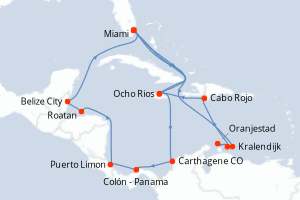 Carte itinéraire croisière États-Unis, Jamaïque, Colombie, Panama, Costa Rica, Honduras, Belize, Pays-Bas, Aruba, République Dominicaine - 21 jours au départ de Miami - Caraïbes Bahamas
