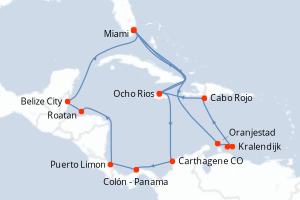 Carte itinéraire croisière États-Unis, Jamaïque, Colombie, Panama, Costa Rica, Honduras, Belize, Aruba, Pays-Bas, République Dominicaine - 21 jours au départ de Miami - Caraïbes Bahamas