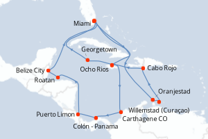 Carte itinéraire croisière États-Unis, Jamaïque, Colombie, Panama, Costa Rica, Honduras, Belize, Aruba, République Dominicaine, Caïmans (Îles) - 21 jours au départ de Miami - Caraïbes Bahamas