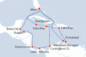 Carte itinéraire croisière États-Unis, Aruba, République Dominicaine, Jamaïque, Caïmans (Îles), Colombie, Panama, Costa Rica, Honduras, Belize - 21 jours au départ de Miami - Caraïbes Bahamas