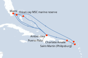 Carte itinéraire croisière États-Unis, Bahamas, Pays-Bas, Royaume-Uni, République Dominicaine - 15 jours au départ de Miami - Caraïbes Bahamas