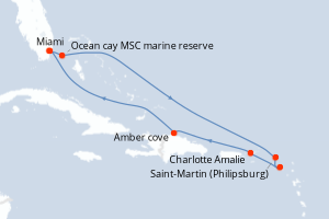 Carte itinéraire croisière États-Unis, Bahamas, Pays-Bas, Royaume-Uni, République Dominicaine - 9 jours au départ de Miami - Caraïbes Bahamas