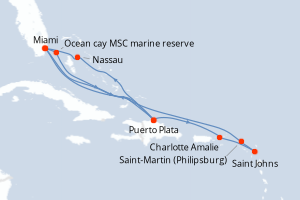 Carte itinéraire croisière États-Unis, Bahamas, République Dominicaine, Royaume-Uni, Antigua-et-Barbuda, Pays-Bas - 14 jours au départ de Miami - Caraïbes Bahamas