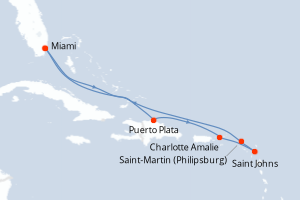Carte itinéraire croisière États-Unis, République Dominicaine, Royaume-Uni, Antigua-et-Barbuda, Pays-Bas - 8 jours au départ de Miami - Caraïbes Bahamas