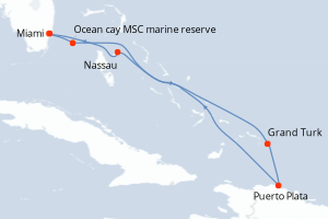 Carte itinéraire croisière Bahamas, États-Unis, République Dominicaine - 7 jours au départ de Miami - Caraïbes Bahamas