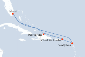 Carte itinéraire croisière États-Unis, Antigua-et-Barbuda, Royaume-Uni, République Dominicaine - 7 jours au départ de Miami - Caraïbes Bahamas