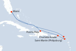 Carte itinéraire croisière États-Unis, Pays-Bas, Royaume-Uni, République Dominicaine - 8 jours au départ de Miami - Caraïbes Bahamas