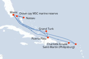 Carte itinéraire croisière États-Unis, République Dominicaine, Bahamas, Pays-Bas, Royaume-Uni - 14 jours au départ de Miami - Caraïbes Bahamas