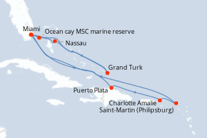 Carte itinéraire croisière Pays-Bas, Royaume-Uni, République Dominicaine, Bahamas, États-Unis - 13 jours au départ de Miami - Caraïbes Bahamas