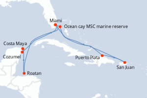 Carte itinéraire croisière États-Unis, Honduras, Mexique, République Dominicaine, Porto Rico, Bahamas - 14 jours au départ de Miami - Caraïbes Bahamas
