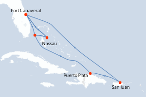 Carte itinéraire croisière États-Unis, Bahamas, République Dominicaine, Porto Rico - 12 jours au départ de Port Canaveral - Caraïbes Bahamas
