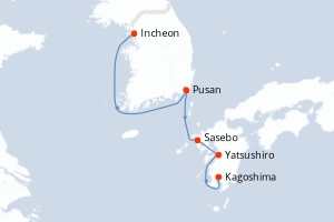 Carte itinéraire croisière Corée du Sud, Japon - 5 jours au départ de Incheon - Asie