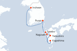 Carte itinéraire croisière Corée du Sud, Japon - 6 jours au départ de Incheon - Asie
