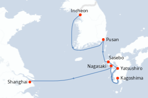 Carte itinéraire croisière Corée du Sud, Japon, Chine - 8 jours au départ de Incheon - Asie