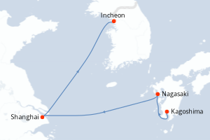 Carte itinéraire croisière Japon, Chine, Corée du Sud - 6 jours au départ de Kagoshima - Asie