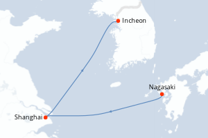 Carte itinéraire croisière Japon, Chine, Corée du Sud - 5 jours au départ de Nagasaki - Asie