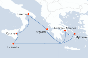 Carte itinéraire croisière Grèce, Malte, Italie - 7 jours au départ de Le Piree - Athenes - Méditerranée