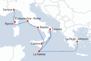 Carte itinéraire croisière Grèce, Malte, Italie, Corse (France) - 11 jours au départ de Le Piree - Athenes - Méditerranée