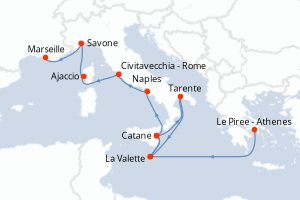 Carte itinéraire croisière Grèce, Malte, Italie, Corse (France), France - 12 jours au départ de Le Piree - Athenes - Méditerranée