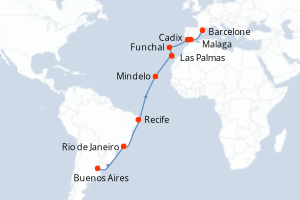 Carte itinéraire croisière Argentine, Brésil, Cap Vert, Canaries, Madère, Espagne - 20 jours au départ de Buenos Aires - Transatlantique