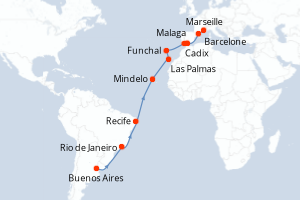Carte itinéraire croisière Argentine, Brésil, Cap Vert, Canaries, Madère, Espagne, France - 21 jours au départ de Buenos Aires - Transatlantique