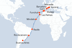Carte itinéraire croisière Argentine, Brésil, Cap Vert, Canaries, Madère, Espagne, France, Italie - 22 jours au départ de Buenos Aires - Transatlantique
