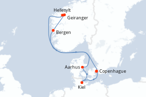 Carte itinéraire croisière Danemark, Norvège, Allemagne - 7 jours au départ de Copenhague - Europe du Nord