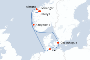 Carte itinéraire croisière Danemark, Norvège, Allemagne - 7 jours au départ de Copenhague - Europe du Nord