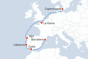 Carte itinéraire croisière Danemark, France, Espagne, Portugal - 9 jours au départ de Copenhague - Méditerranée