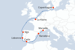 Carte itinéraire croisière Danemark, France, Espagne, Portugal - 10 jours au départ de Copenhague - Méditerranée