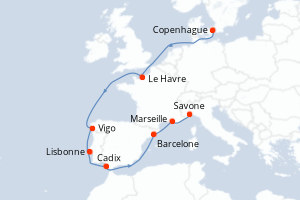 Carte itinéraire croisière Danemark, France, Espagne, Portugal, Italie - 11 jours au départ de Copenhague - Méditerranée