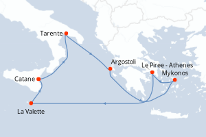 Carte itinéraire croisière Italie, Grèce, Malte - 7 jours au départ de Catane - Méditerranée