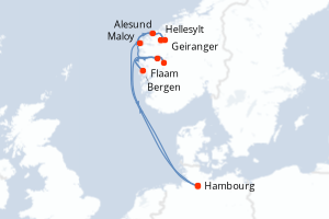 Carte itinéraire croisière Allemagne, Norvège - 9 jours au départ de Hambourg - Europe du Nord