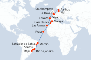 Carte itinéraire croisière Brésil, Canaries, Maroc, Espagne, Portugal, France, Grande-Bretagne, Danemark, Allemagne - 27 jours au départ de Itajai - Europe du Nord