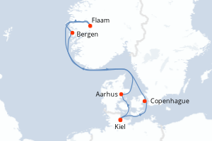 Carte itinéraire croisière Allemagne, Danemark, Norvège - 7 jours au départ de Kiel - Europe du Nord