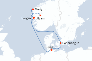 Carte itinéraire croisière Allemagne, Danemark, Norvège - 7 jours au départ de Kiel - Europe du Nord