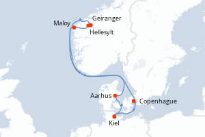 Carte itinéraire croisière Allemagne, Danemark, Norvège - 7 jours au départ de Kiel - Europe du Nord