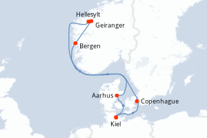 Carte itinéraire croisière Allemagne, Danemark, Norvège - 7 jours au départ de Kiel - Europe du Nord