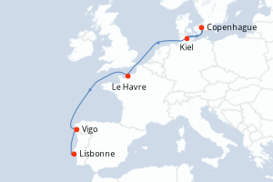 Carte itinéraire croisière Allemagne, Danemark, France, Espagne, Portugal - 7 jours au départ de Kiel - Atlantique