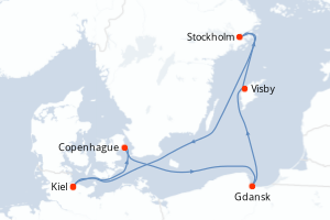 Carte itinéraire croisière Allemagne, Danemark, Pologne, Suède - 7 jours au départ de Kiel - Europe du Nord